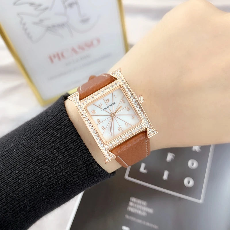 Luxury Diamond Fashion Watch for Ladies: High-Grade, Waterproof, Leather Strap, Quartz Movement.