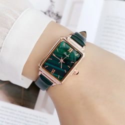 Slim, Green Rectangle Luxury Watch for Women: Quartz Movement, Waterproof, Leather Strap.