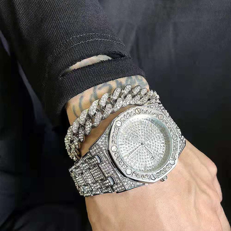 Gold Iced Out Rhinestone Cuban Chain Watch Bracelet Set for Men and Women