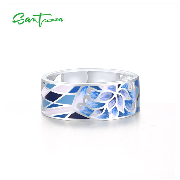 925 Sterling Silver Blue Enamel Flower Rings for Women