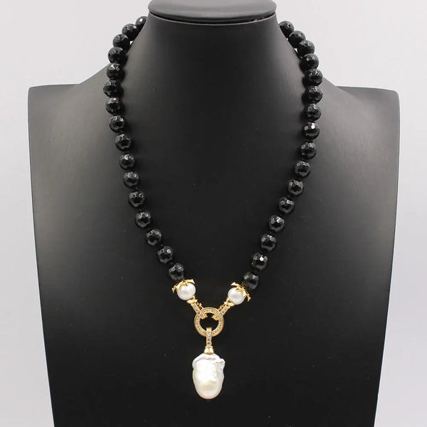 Silver Natural Black Onyx and White Keshi Pearl Necklace for Women