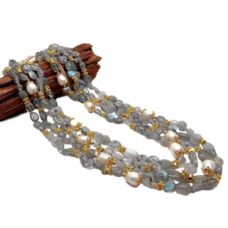 Sterling Silver Natural Labradorite & Cultured Pearl Necklace, 19.5" for women