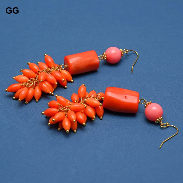 Gold Plated Orange Coral Dangle Earrings For Women