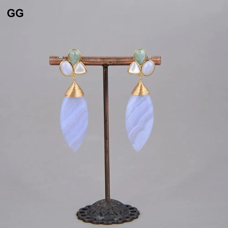 Sterling Silver Natural Blue Chalcedony, Green Amazonite & Shell Dangle Earrings for Women