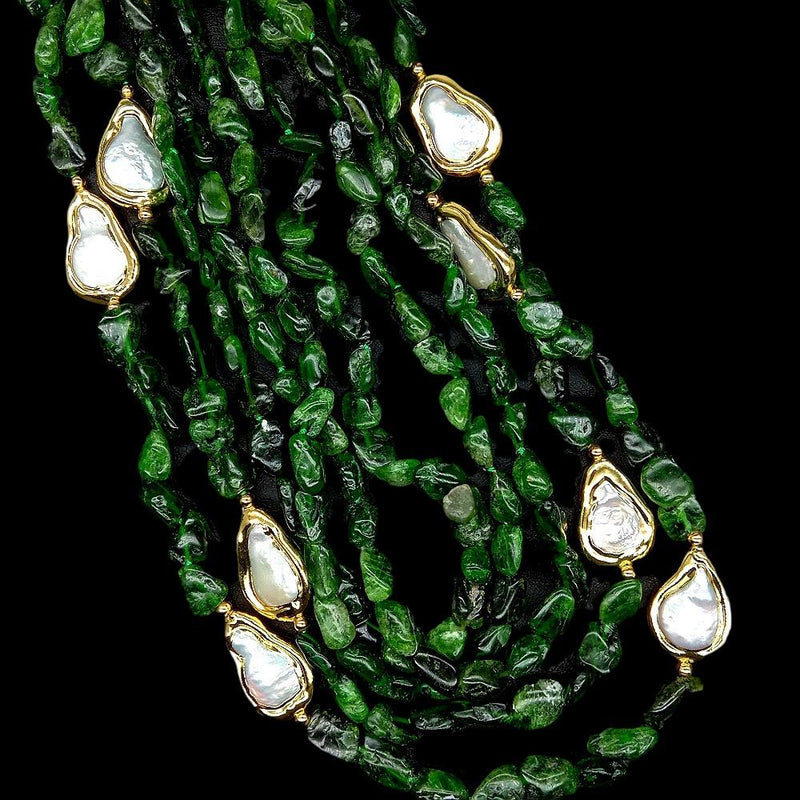 Sterling Silver Green Diopside and White Teardrop Pearl Necklace for Women