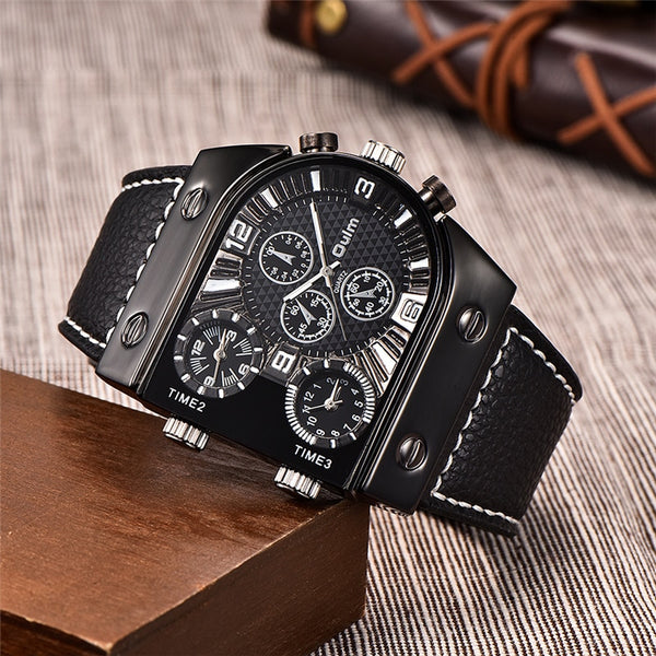 Leather Big Size Three Time Zone Outdoor Sports Watch for Men