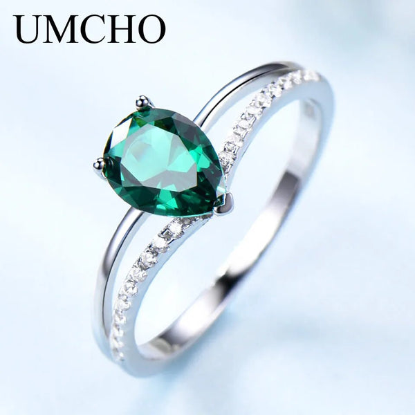 Sterling Silver Emerald Green Gemstone Water Drop Ring for Women