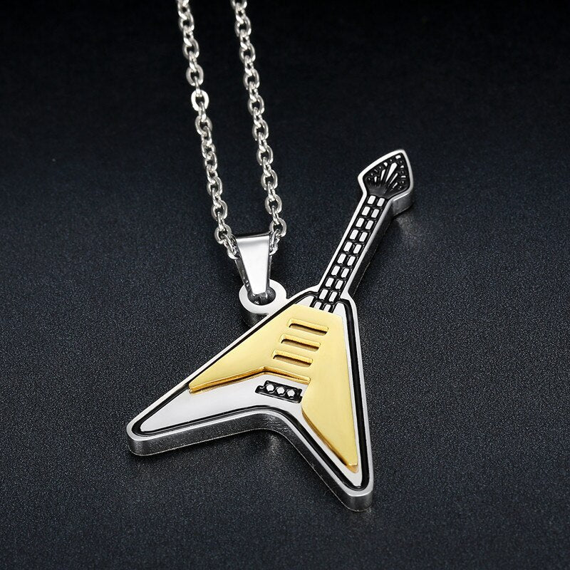 Stainless Steel Guitar Pendant Necklace for Men & Women