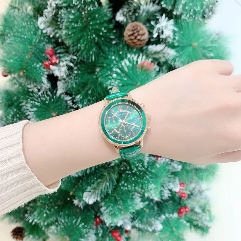 Top Quality Fashion Lady's Luxury Wristwatch: Genuine Leather, Green Dial, Pink Accents