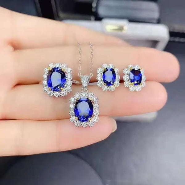 S925 Sterling Silver Natural Sapphire Ring Pendant Necklace Earring Set for Women
