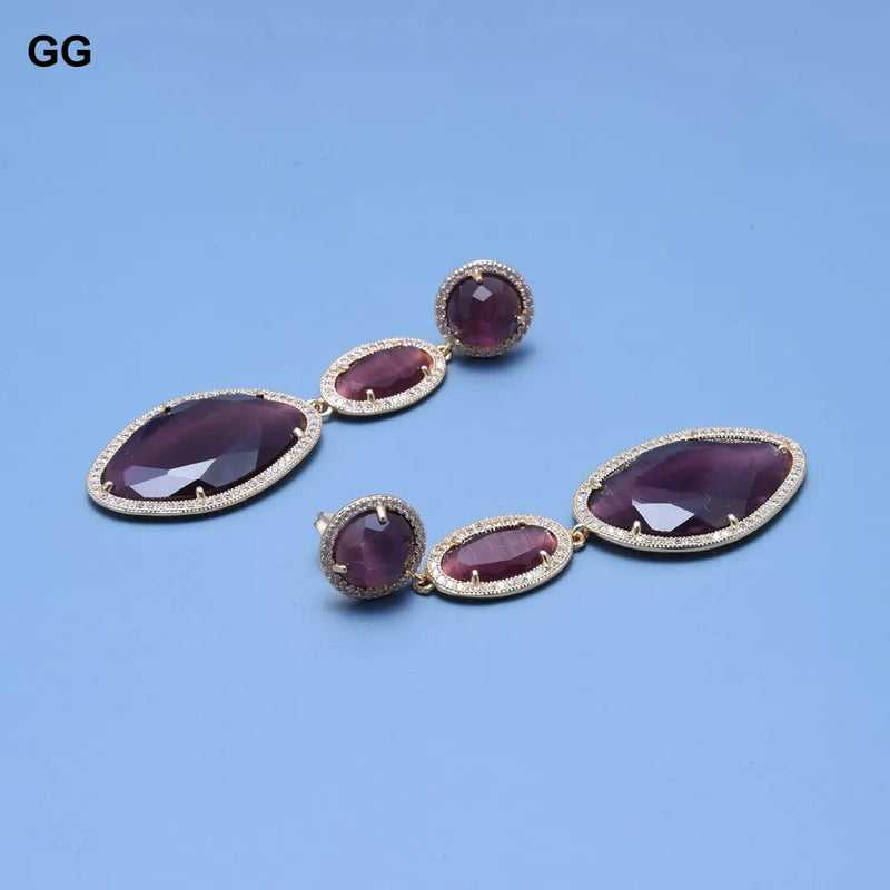 Gold Plated Natural Purple Cat Eye CZ Pave Stud Earrings for Women