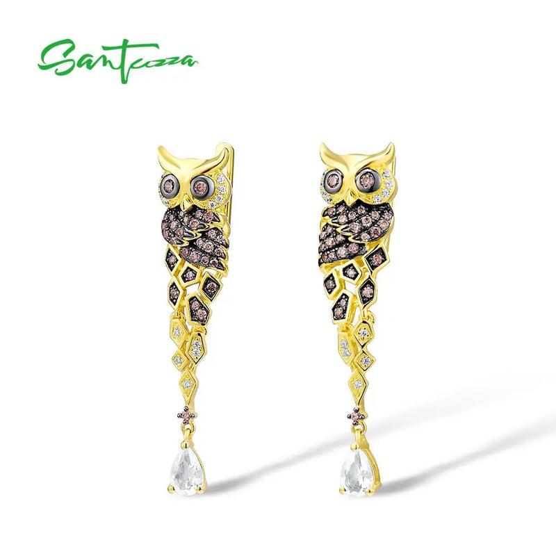 Sterling Silver Chocolate CZ Sparkling Owl Drop Earrings for Women