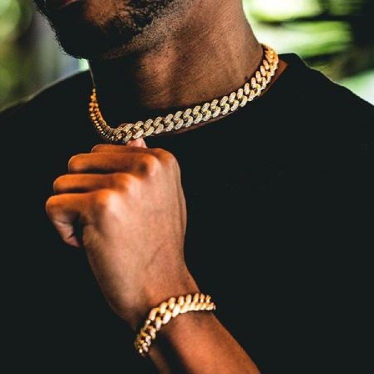 Gold Iced Out Watch with Cuban Link Chain Bracelet Necklace Choker  for Men