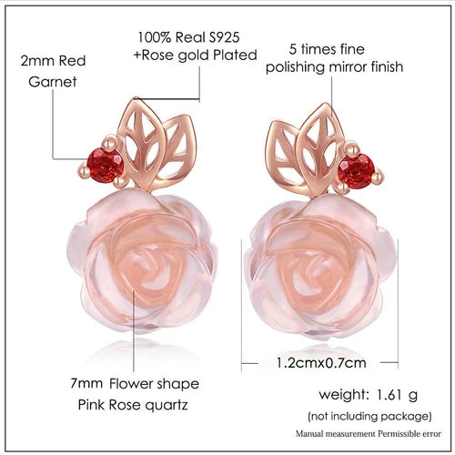 Sterling Silver Natural Rose Quartz Rose Flower Stud Earrings for Women