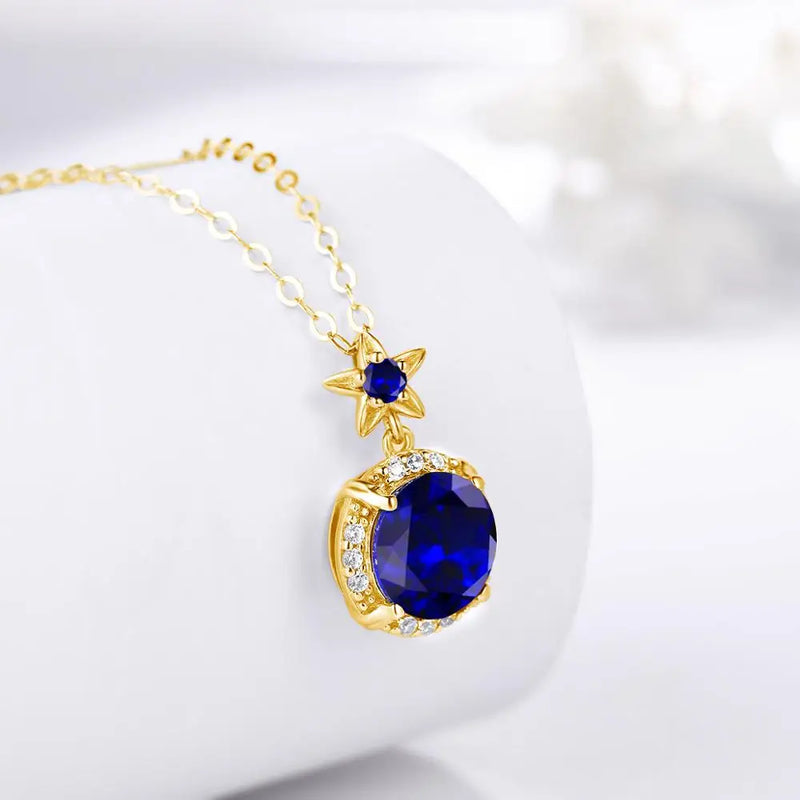 18K Gold Blue Sapphire Pendant Necklace For Women