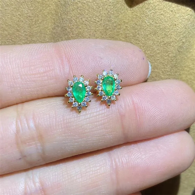 Sterling Silver 925 Natural Emerald Stud Earrings for Women