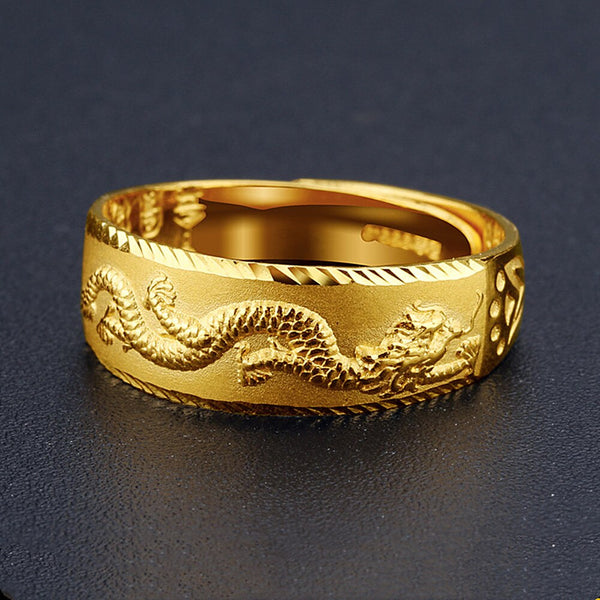 Gold Tone Dragon Carving Ring for Men