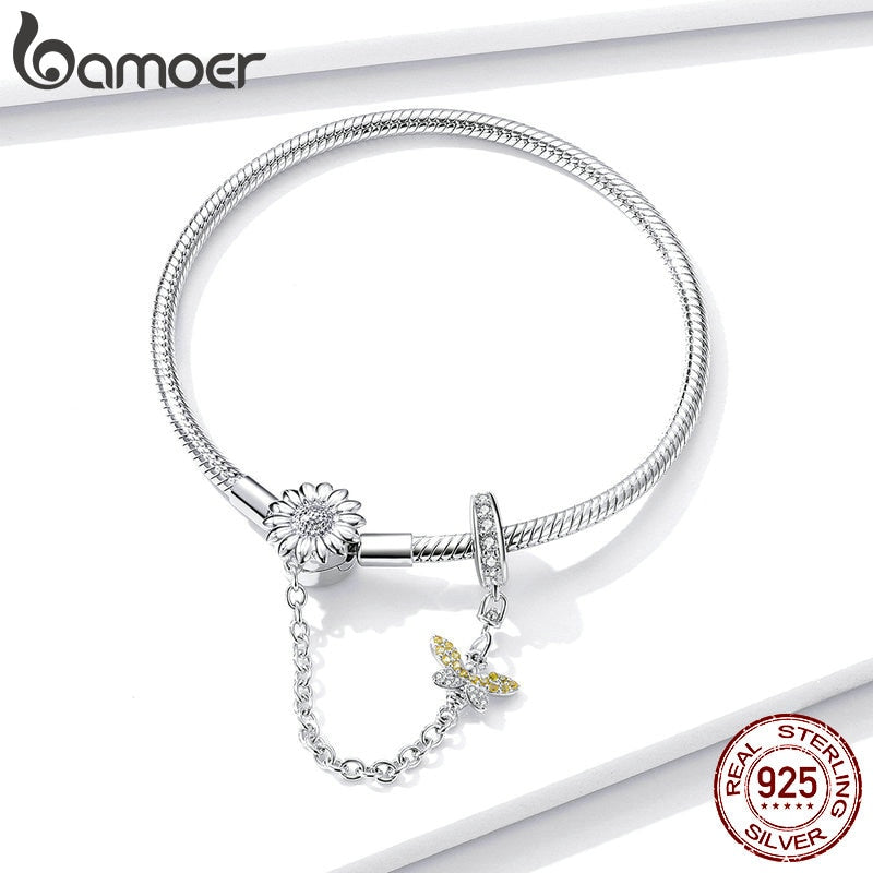 925 Sterling Silver Snake Charm Bracelet with Sunflower Safety Chain for Her