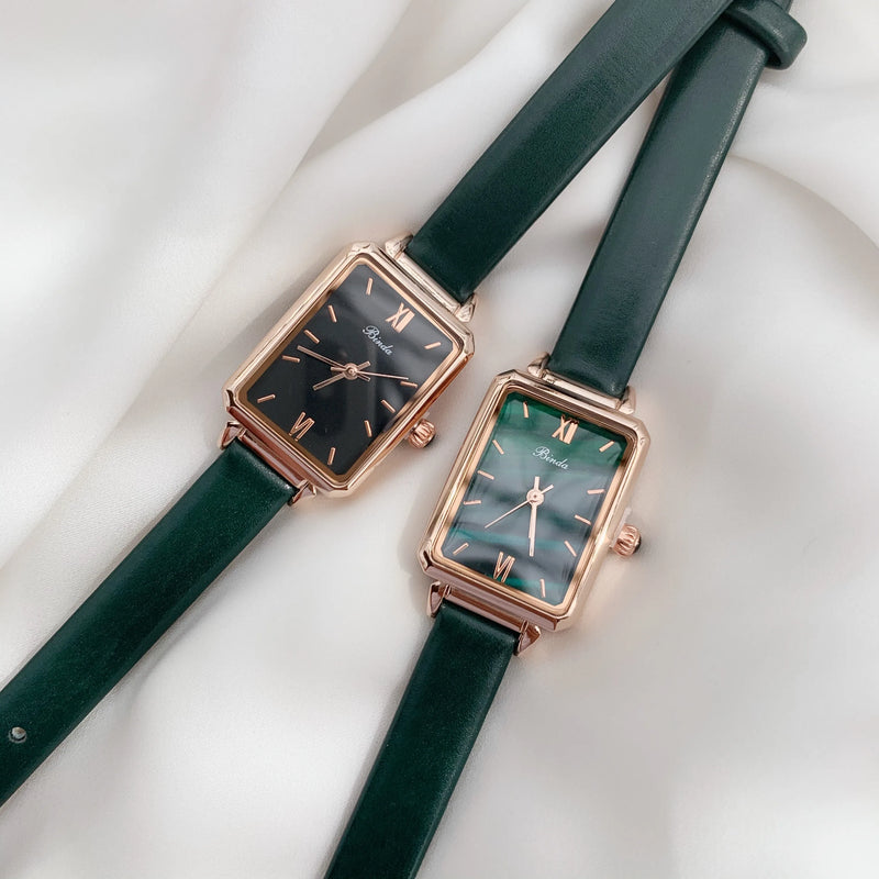 Slim, Green Rectangle Luxury Watch for Women: Quartz Movement, Waterproof, Leather Strap.