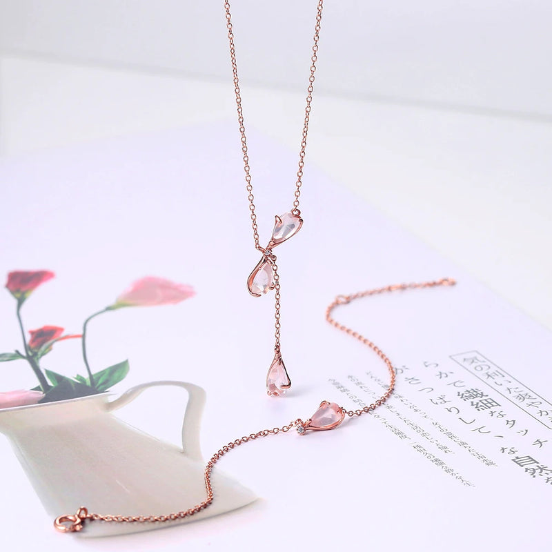 Sterling Silver Rose Quartz Cherry Blossom Pendant Necklace for Women