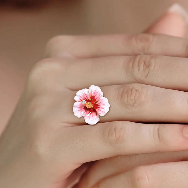 Sterling Silver Pink Blooming Flower Enamel Ring for Women