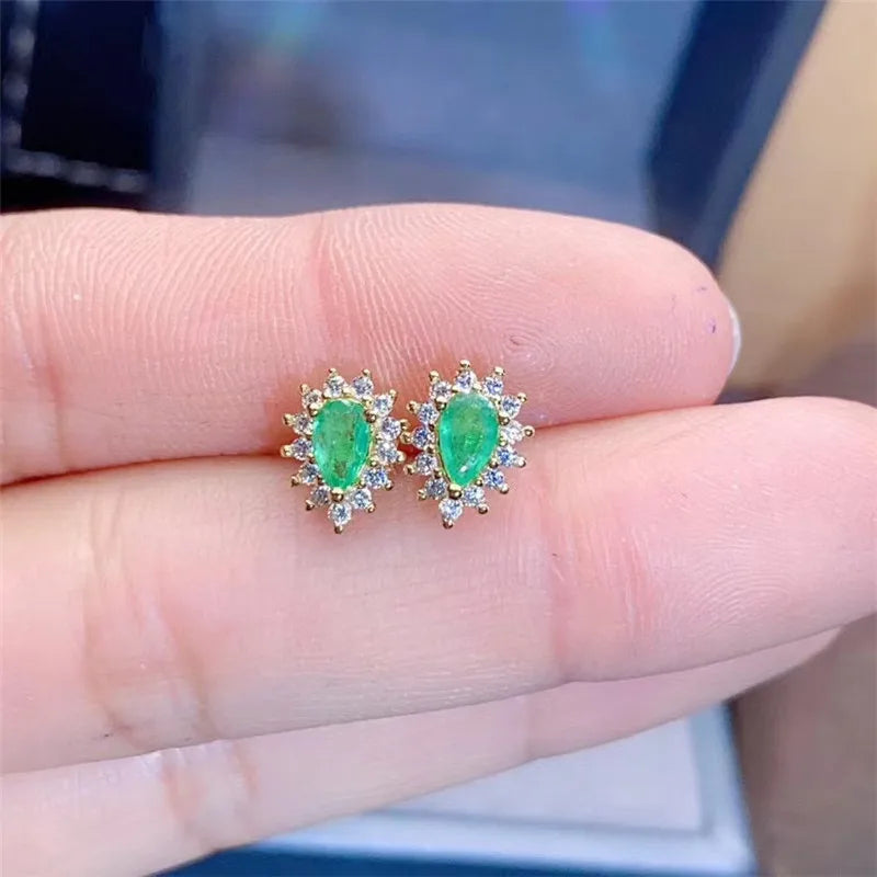 Sterling Silver 925 Natural Emerald Stud Earrings for Women