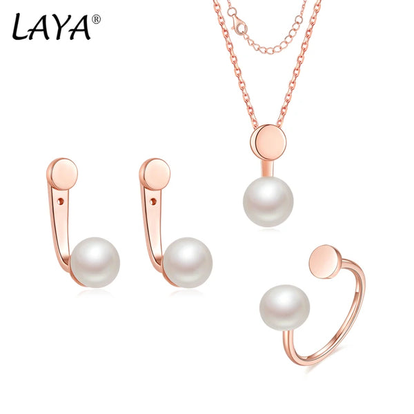 Sterling Silver Freshwater Pearl Necklace Earrings Ring Set for Women