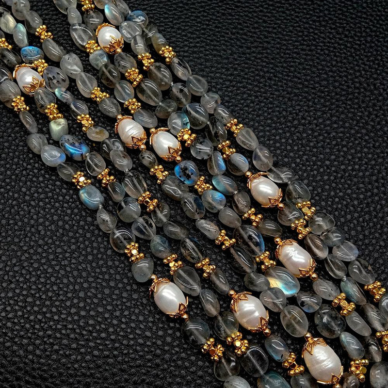 Sterling Silver Natural Labradorite & Cultured Pearl Necklace, 19.5" for women