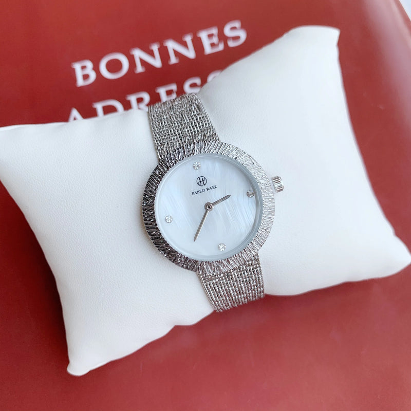 Women's Green Textured Watch with Silver Mesh Band and Japan Movement - Fashionable, Casual Style, High Quality.