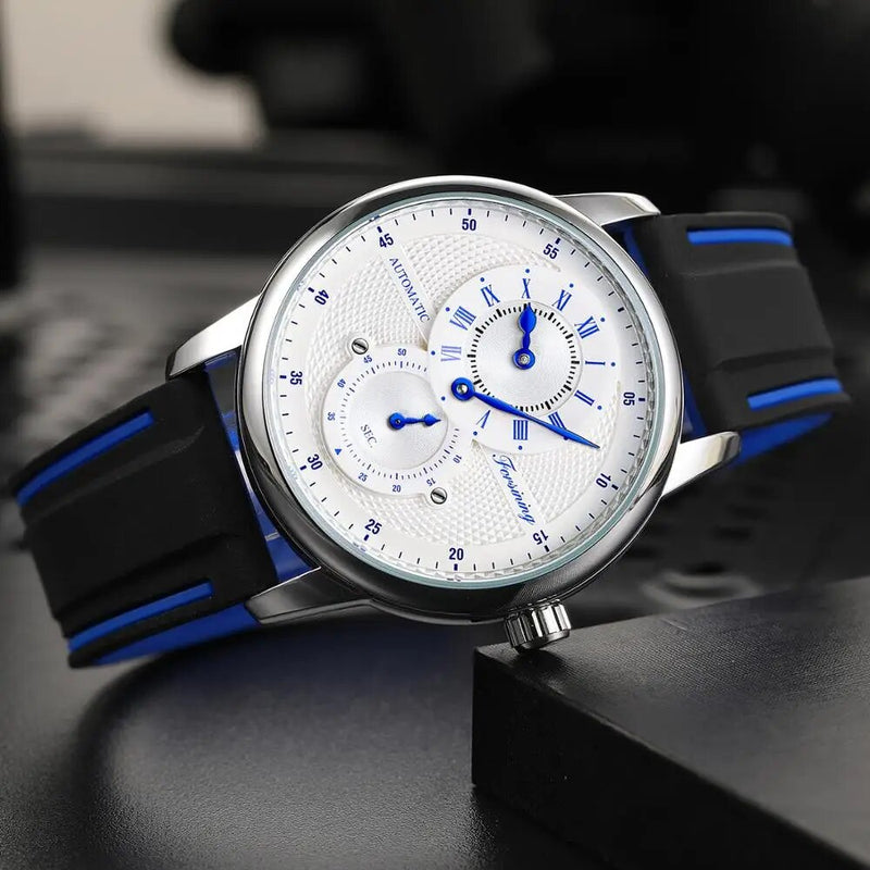 Stainless Steel Silicone Men's Automatic Watch with Blue and White Dial