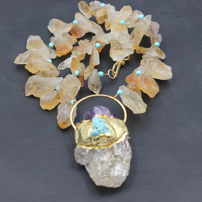 Gold Plated Natural Yellow Citrine Topaz Rough Nugget Necklace with Amethyst Turquoise Pendant for Women