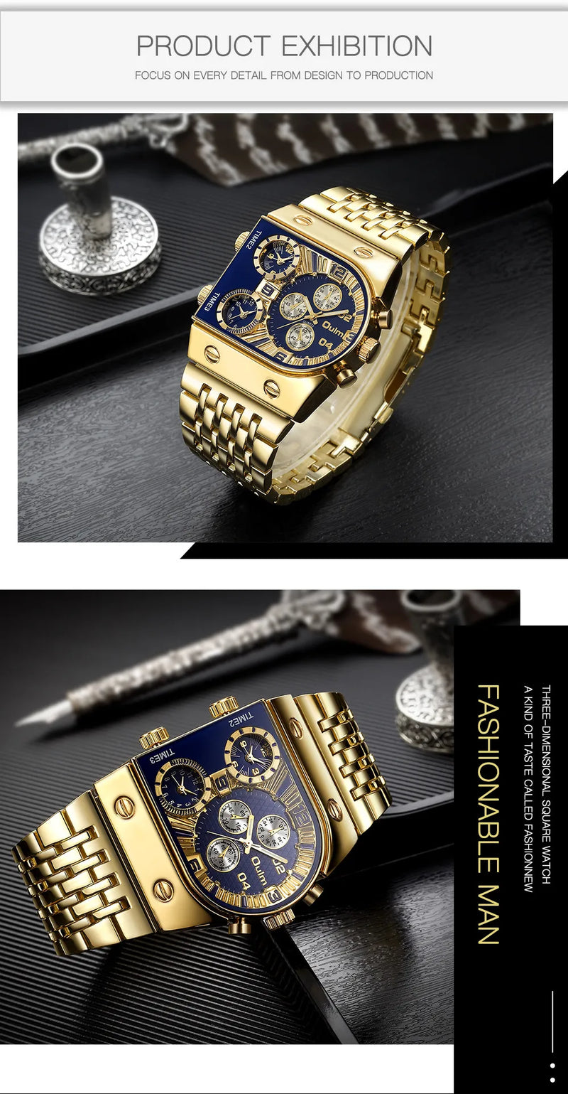 Multifunctional Large Dial Luminous Men's Watch with Gold Steel Belt and Multi-Time Zone Quartz Movement