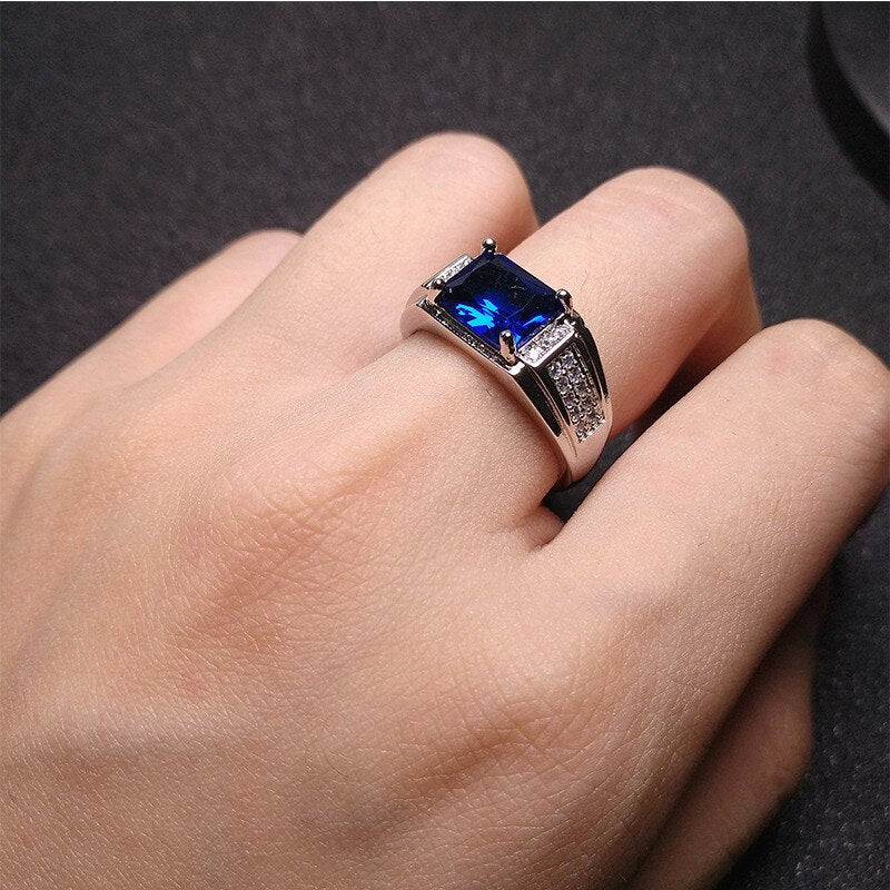 Sterling Silver Blue Crystal Sapphire Topaz Zircon Diamonds Rings for Men