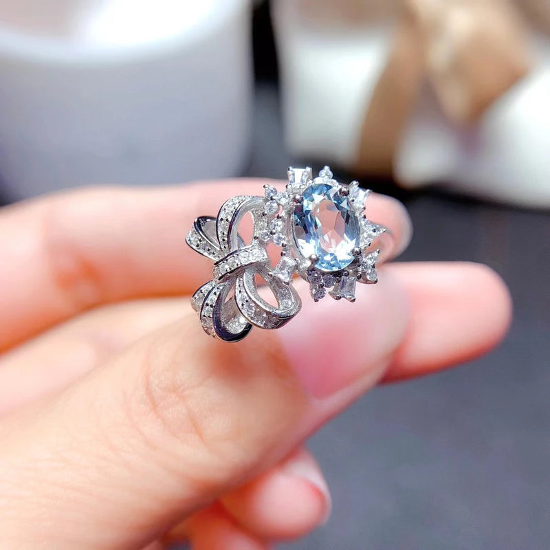 925 Sterling Silver Aquamarine Bow Rings for Women