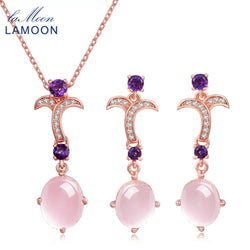 925 Sterling Silver Rose Quartz Oval Pendant Necklace Set for Her