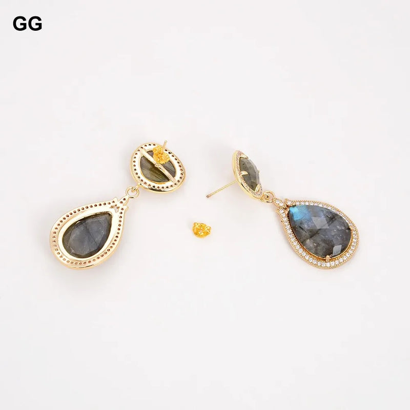 Gold Plated Labradorite CZ Stud Earrings for Women