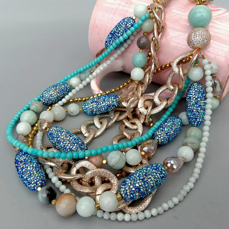 Y.YING 6 Rows Multi Strands Necklace Blue Amazonite Crystal Pave Statement Jewelry 28 statement necklace\"