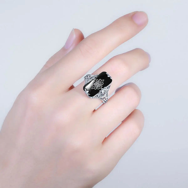 Sterling Silver Black Onyx Rectangle Ring for Women