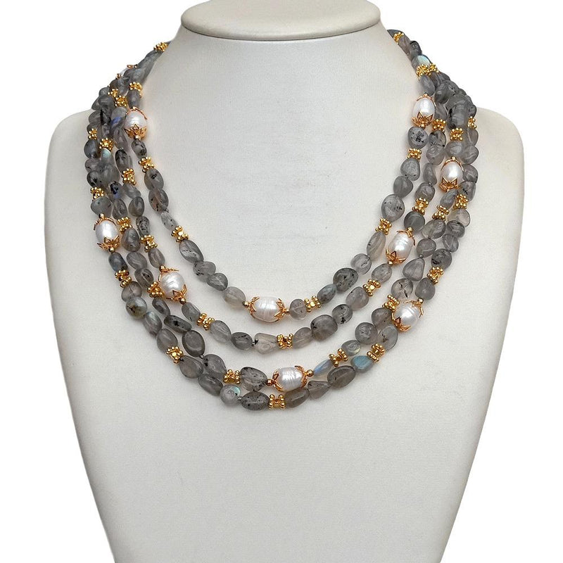 Sterling Silver Natural Labradorite & Cultured Pearl Necklace, 19.5" for women