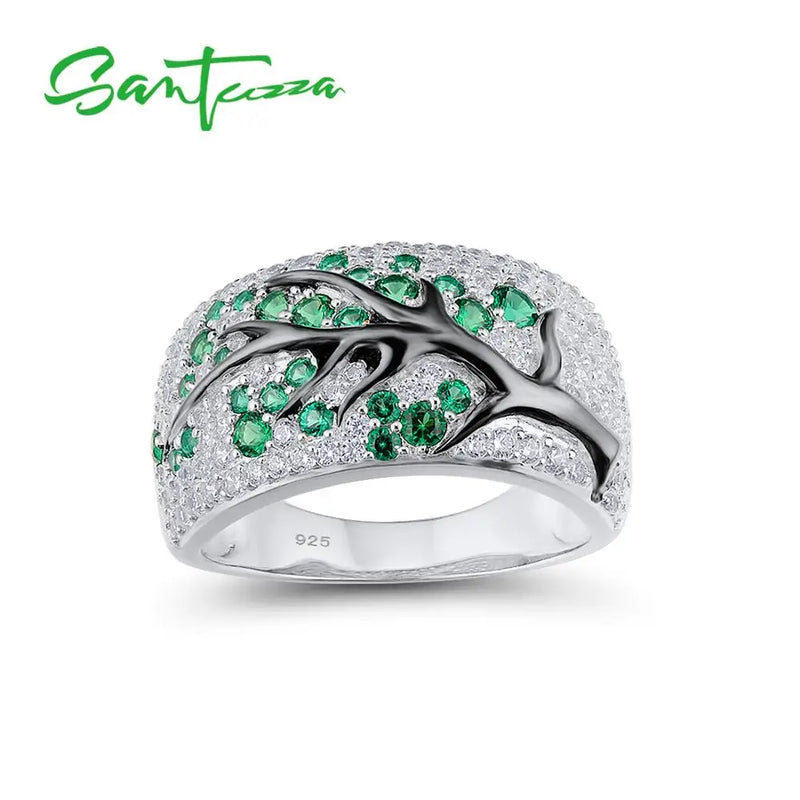 Sterling Silver Green Branch Cherry Tree Earrings & Ring Set for Women