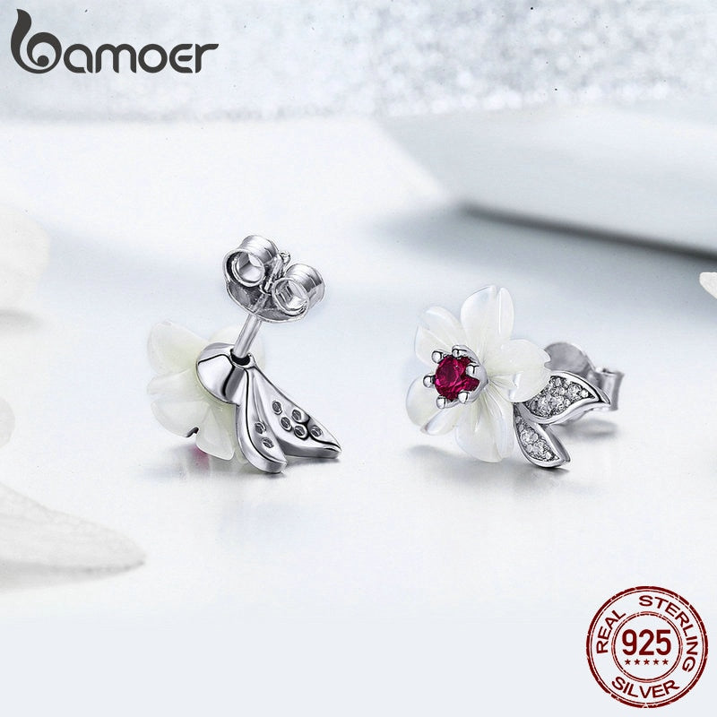 925 Sterling Silver Pure Shell Flower Stud Earrings for Women