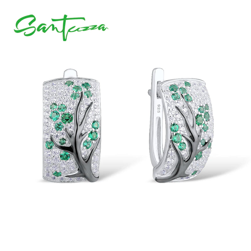 Sterling Silver Green Branch Cherry Tree Earrings & Ring Set for Women