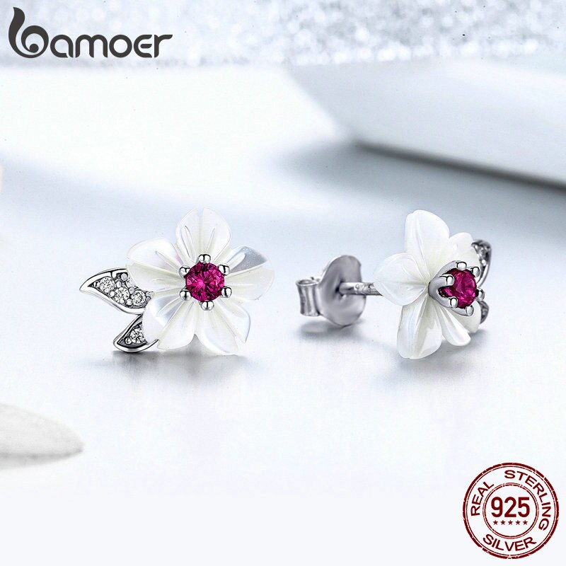 925 Sterling Silver Pure Shell Flower Stud Earrings for Women