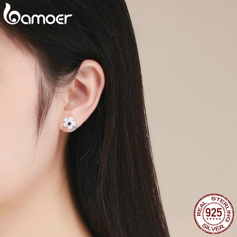 925 Sterling Silver Pure Shell Flower Stud Earrings for Women