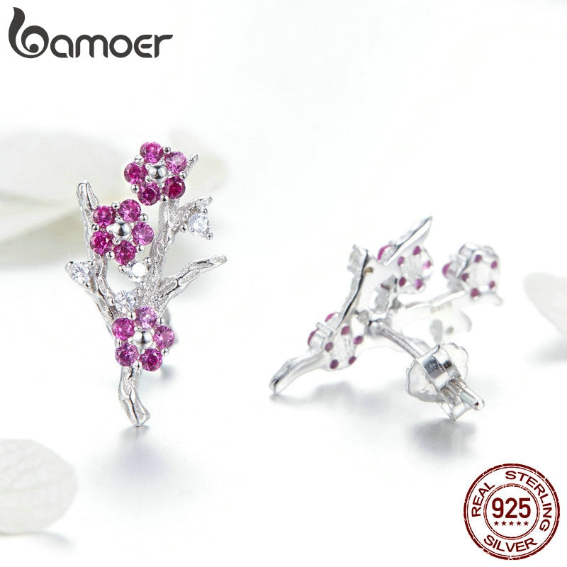 925 Sterling Silver Blooming Plum Flower Stud Earrings for Women