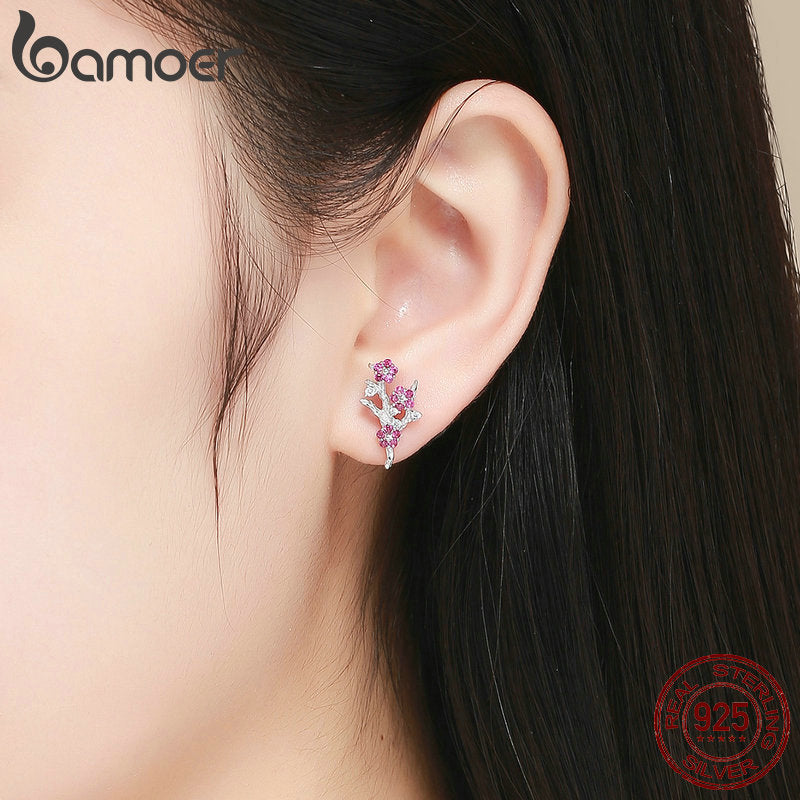 925 Sterling Silver Blooming Plum Flower Stud Earrings for Women