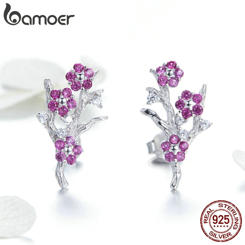 925 Sterling Silver Blooming Plum Flower Stud Earrings for Women