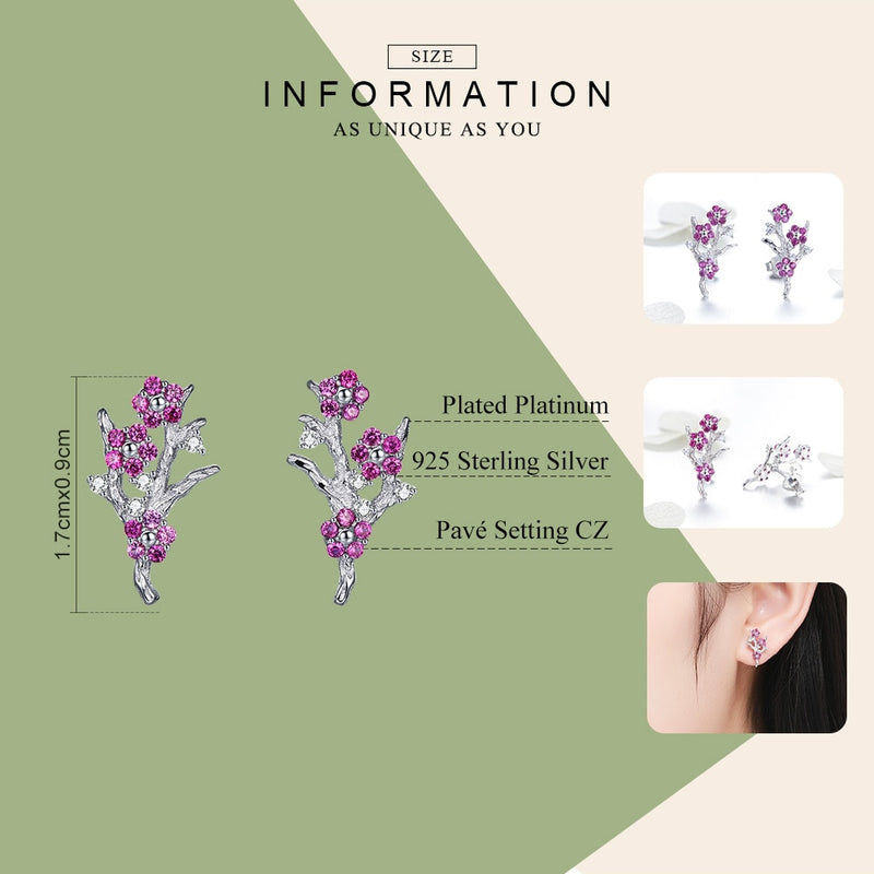 925 Sterling Silver Blooming Plum Flower Stud Earrings for Women