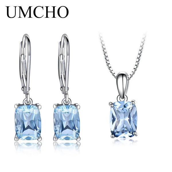 Sterling Silver Sky Blue Topaz Earrings Necklace Set for Women