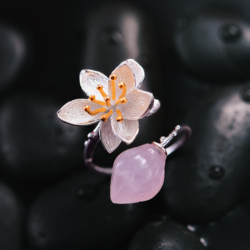 Sterling Silver Aventurine Flower Ring for Women